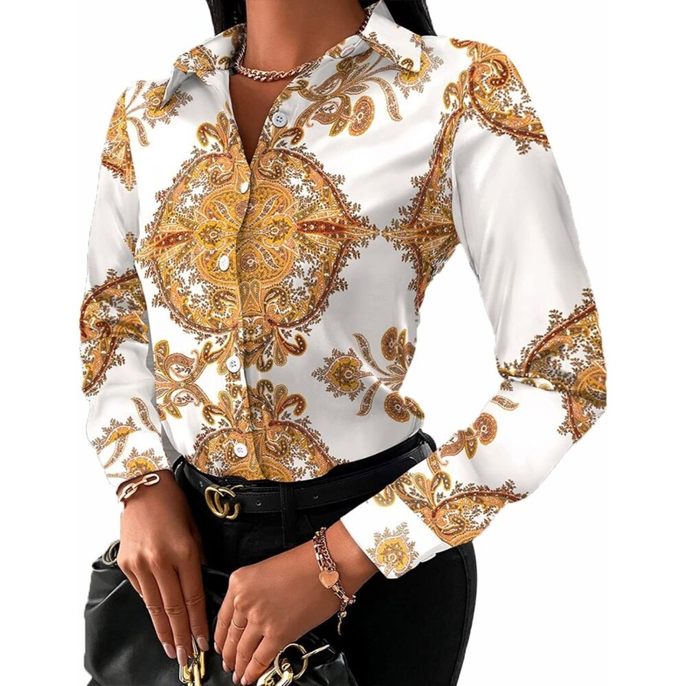 Women White Button Down Shirts Colorful Long Sleeve Floral Print Sexy T Shirt